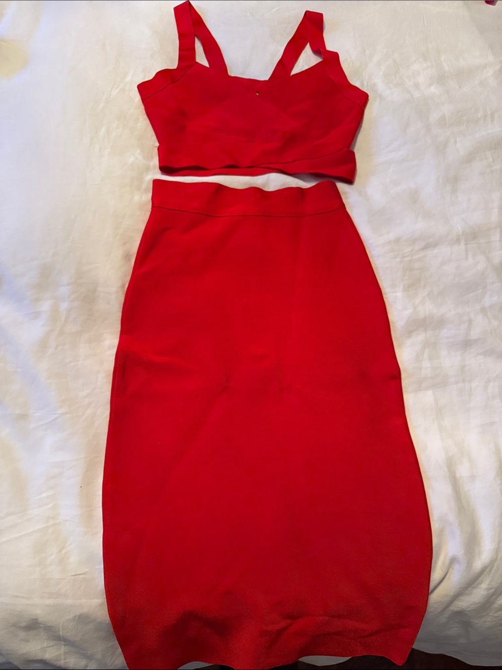 Red High-Waist Pencil skirt and shirt set